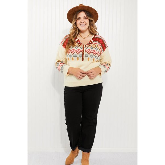 Andree by Unit Full Size Geometric Half-Button Henley Sweater - Picture 8 of 9